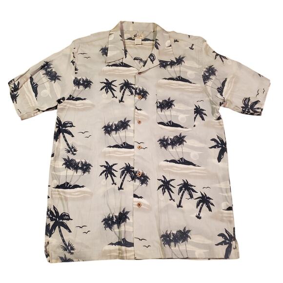 Cherokee Waikiki Wear Button Up Shirt Sz‎ L Short Sleeve Hawaiian Palm Trees - Picture 1 of 4